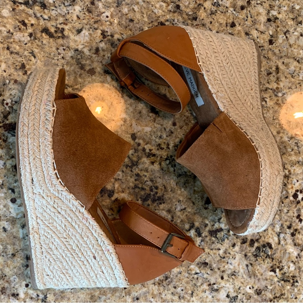 STEVE MADDEN Jaylen Wedge Espadrilles Platform Sandals Size 8.5 Cognac B… - Picture 7 of 12